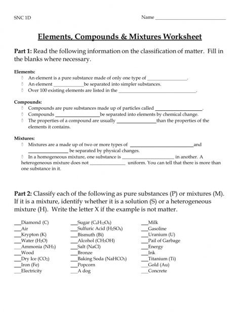 Elements Compounds & Mixtures Worksheet Answers Worksheet